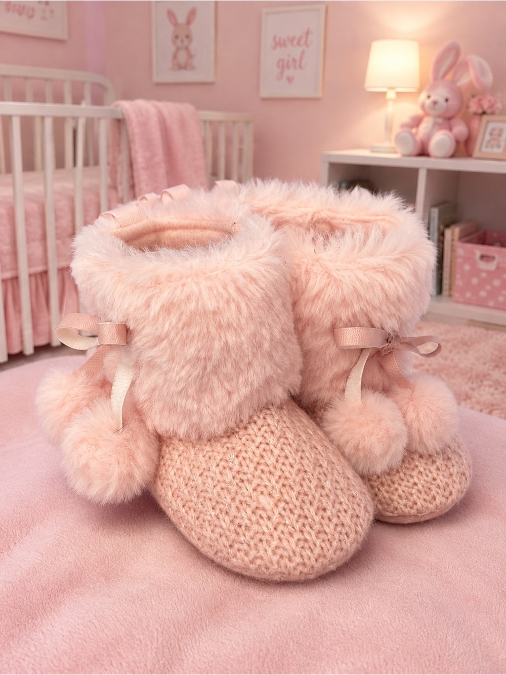 Cozy Pink Faux-Fur Pom Baby Booties with Knit Sole 6-9 mos
